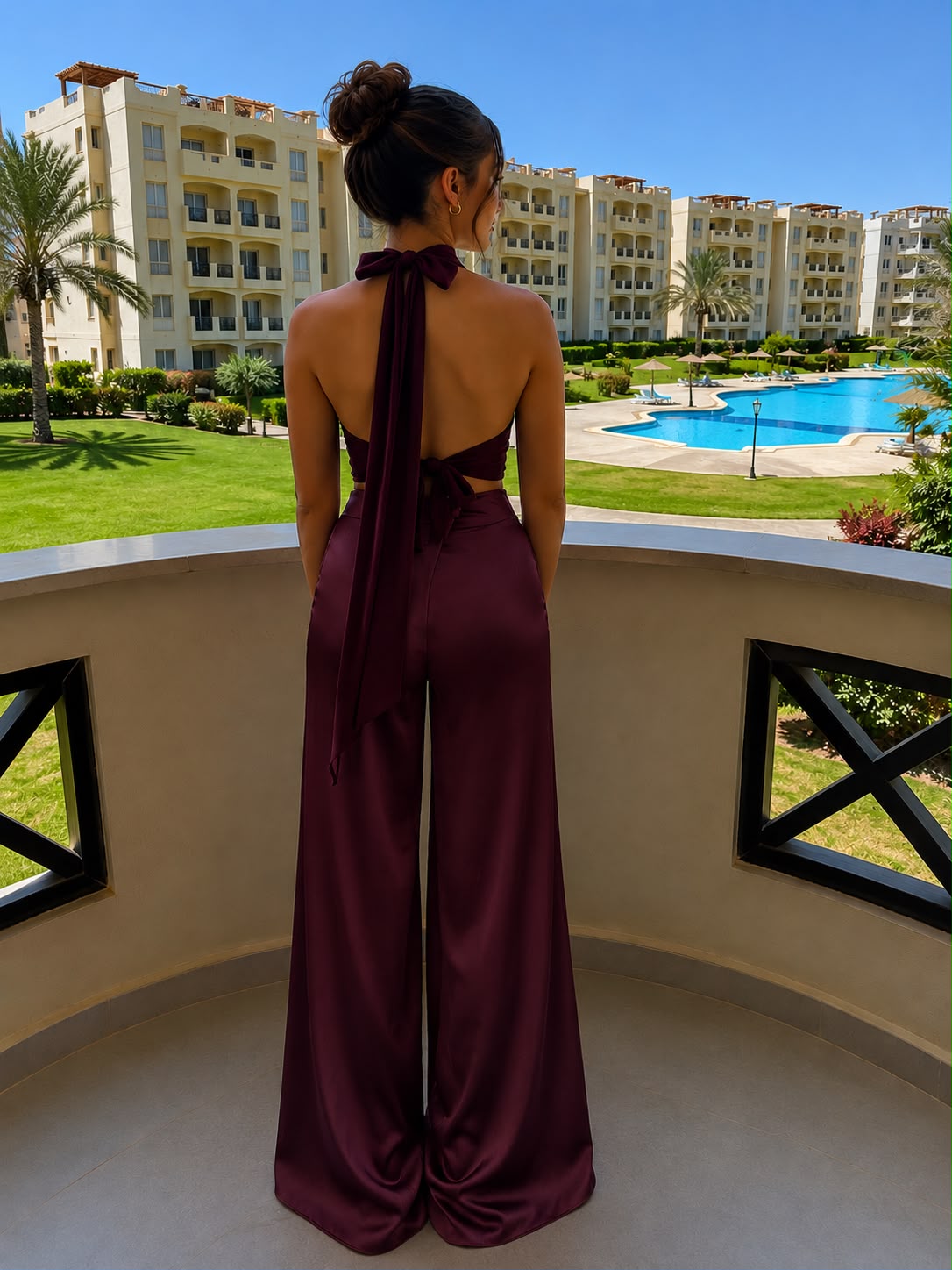 Halter satin top in burgundy